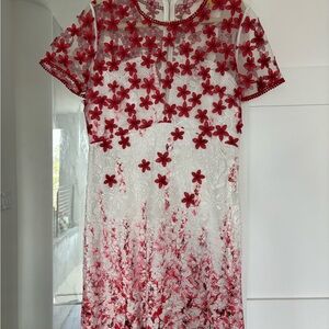 Elie Tahari Red and White Floral Midi Dress